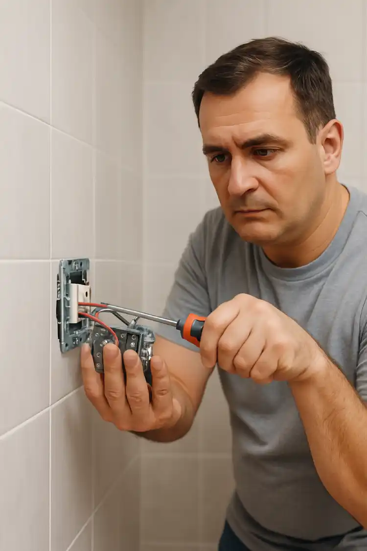 Электрик прикручивает розетку — мобильная версия