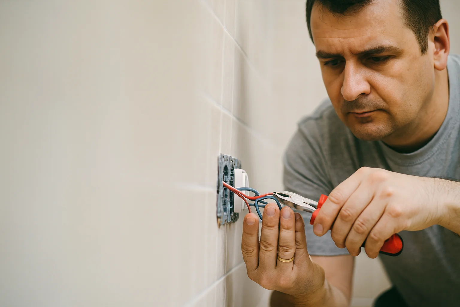 Электрик прикручивает розетку на стене